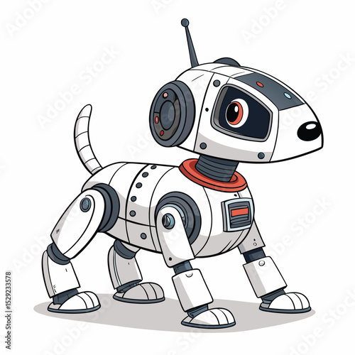 Design a futuristic robotic dog for space exploration, featuring small thrusters, a camera eye, and metallic textures.  Include detailed mechanical elements.