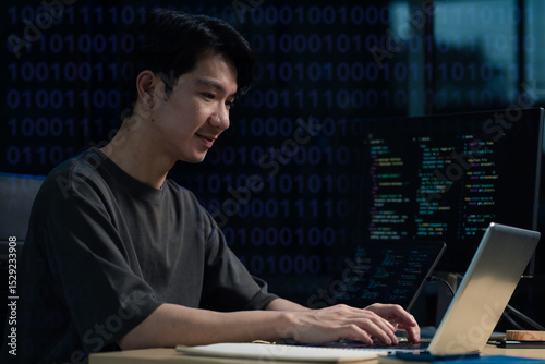 Hacking and malware concept. Hacker using abstract laptop with binary code digital interface.