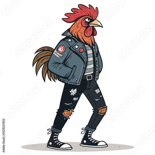 A tough rooster rocker, sporting ripped jeans, multiple band patches on his jacket, and a rebellious attitude.  He holds a miniature guitar.
