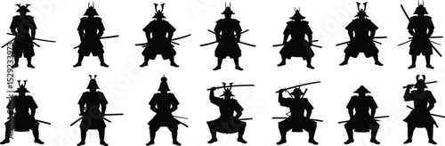 Silhouette of traditional samurai warriors with swords, Japanese armor, katana stance, martial arts pose, bushido culture