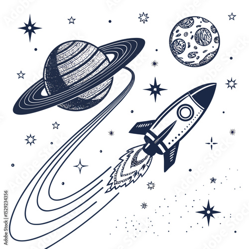 Fototapeta Naklejka Na Ścianę i Meble -  A futuristic rocket ship speeds past Saturn's majestic rings, a distant star twinkling in the inky blackness of space.