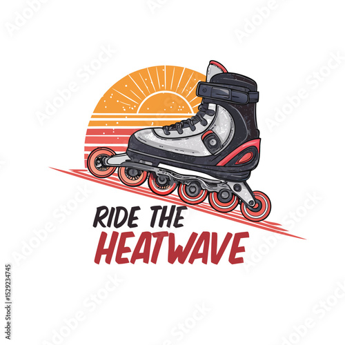 Sunset rollerblading scene; vibrant colors, motion blur trails, person riding rollerblades, feeling of summer heat.