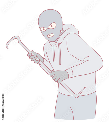 An illustration featuring a masked character gripping a crowbar, representing the themes of burglary and theft