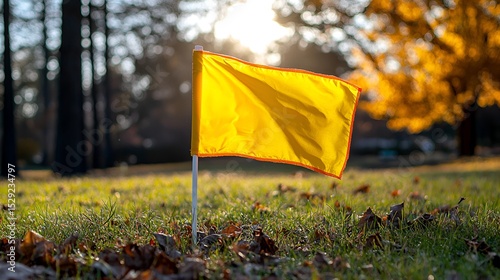 Yellow flag marker in autumn park