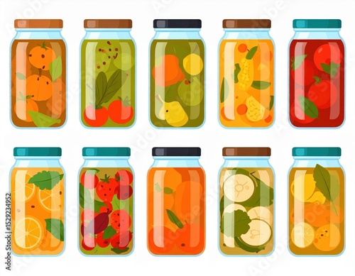 Colorful Preserved Fruit And Vegetable Jars