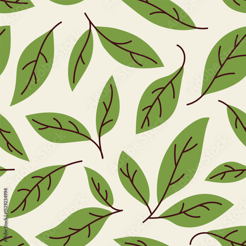 Green leaves, tea, matcha illustration, seamless pattern, background in flat cartoon style