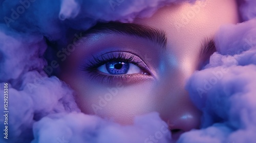 Close-up of a woman's face, vibrant colors, smoke