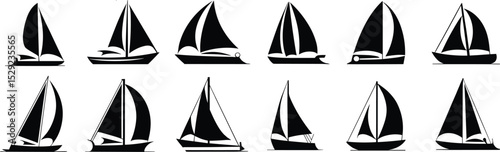 Black sailboat icons collection, vector yacht silhouette set, sailing boat illustration design, isolated nautical elements, maritime symbol pack

 flat vector illustration