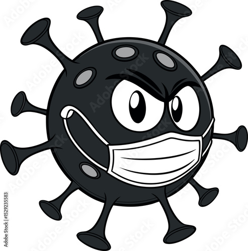 COVID-19 virus cartoon character with mask and angry expression, used in comic-style health posters or digital artwork.