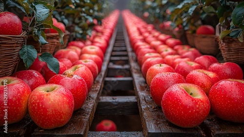 Red Apples Arranged in Rows in a Greenhouse