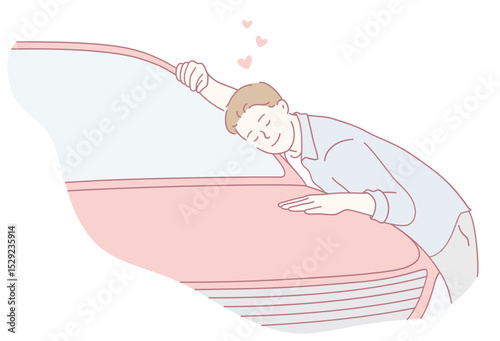 A man is affectionately leaning on his car, expressing both joy and love for his beloved vehicle with pride