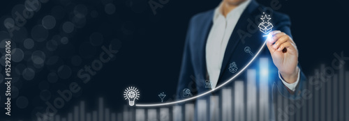 Creative idea generation for new product development concept. Creative thinking and innovation. Growth curve with stages of innovation icons, generating creative idea process for product developmement