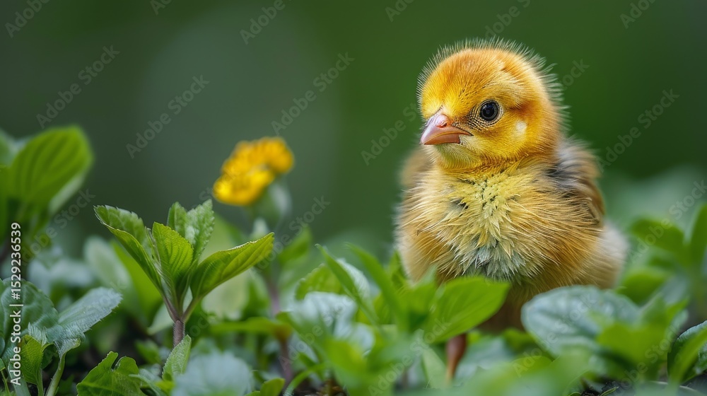 Obraz premium A cute yellow chick peeking through lush green foliage, embodying innocence and nature's charm, creating a heartwarming portrait moment in a vibrant natural setting.