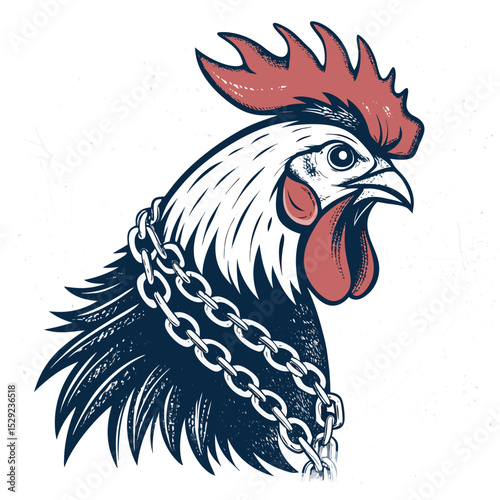A distressed rooster, its neck bound by chains, against a cracked, distressed background.  Depict suffering and confinement.