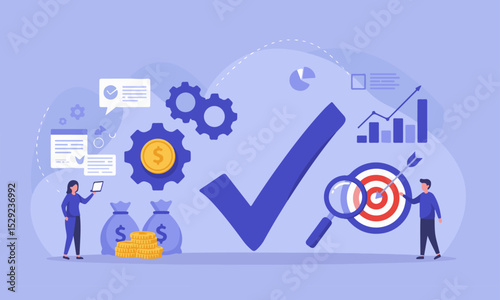 Successful Business Strategy and Financial Achievement. Two people collaborate with checkmark, money, target, and graphs: symbolizing successful business strategy and financial achievement.