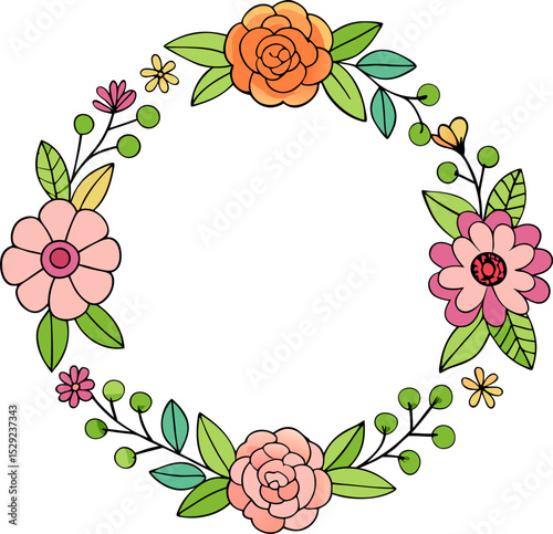 Hand-Drawn Floral Wreath Frame – Colorful Flower Circle Illustration for Invitations and Designs
