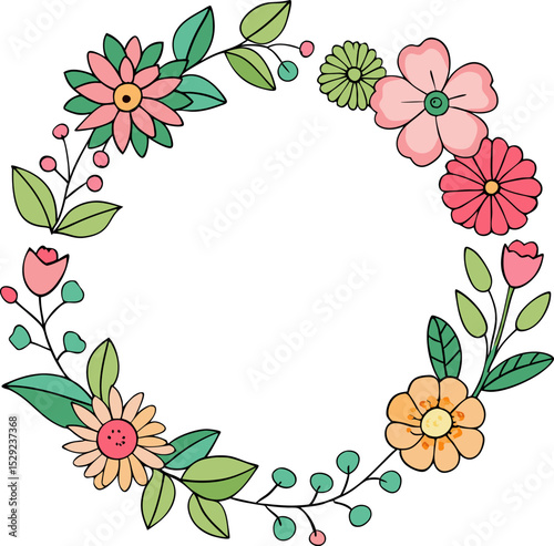 Hand-Drawn Floral Wreath Frame – Colorful Flower Circle Illustration for Invitations and Designs