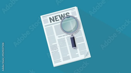 Appearance of a newspaper and a magnifying glass analyzing the front page, then disappearance of the newspaper and the magnifying glass in the blue background (flat design)