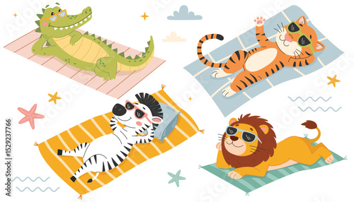Cute crocodile, tiger, zebra, lion with sunglasses on the beach.  Flat vector illustration in a simple children's style on white background
