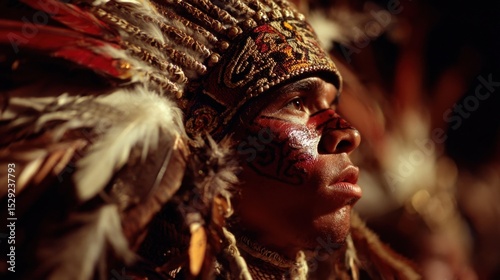 A mesmerizing shot of a shaman, dressed in ornate feather headdress and body paint, as they chant and call upon the spirits during a Native American smudging ceremony.