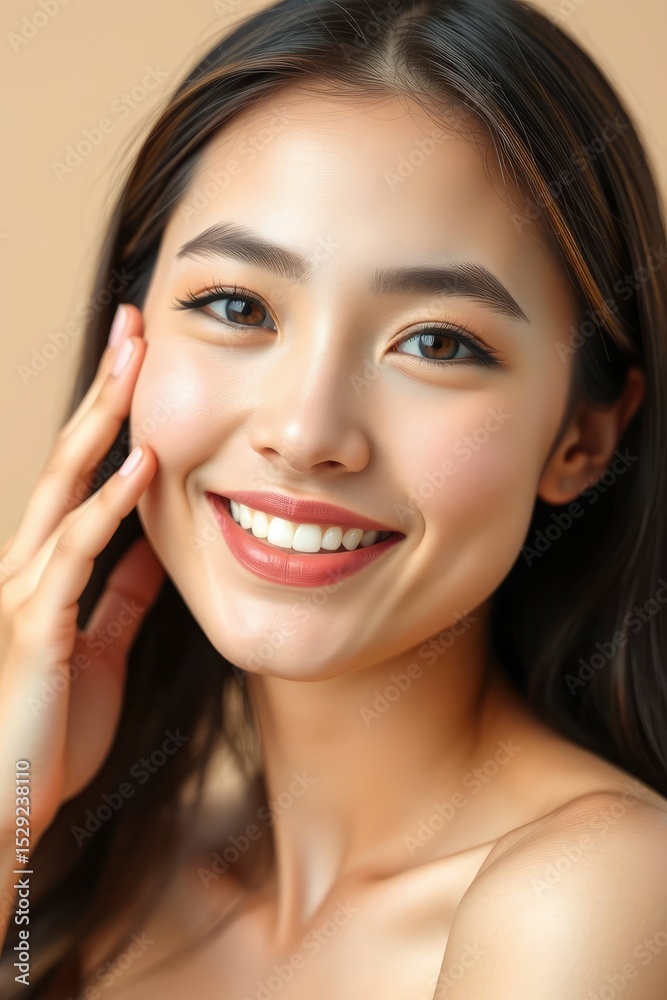Radiant young woman with dark hair smiles genuinely while touching her soft, glowing cheek gently. Radiant young woman with dark hair smiles genuinely while touching her soft, glowing cheek gently.