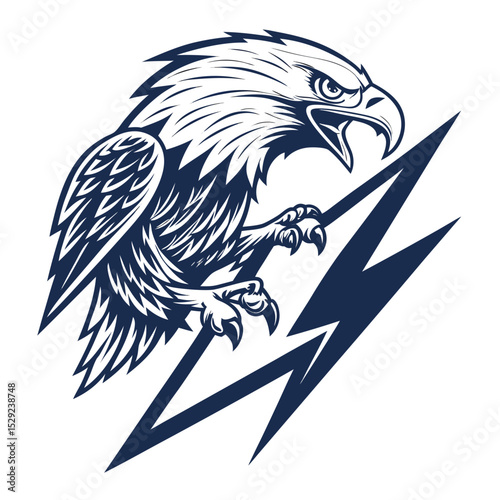 A stylized eagle's sharp talons fiercely gripping a stylized bolt of lightning; dramatic lighting, vibrant colors, detailed feathers.