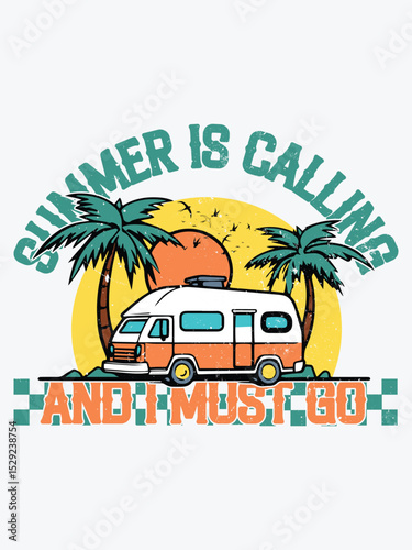 Summer sunset distressed vector t-shirt design with palm trees silhouette and phrase 