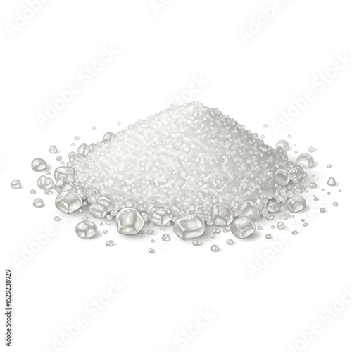 A pristine pile of granulated sugar crystals forms a detailed and realistic design element ideal for food packaging labels or culinary branding projects.