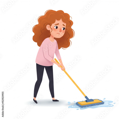 Adorable girl mopping floor cleaning chores housework child cartoon character design scalable graphic