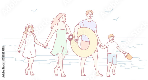 A joyful and happy family is spending a wonderful day at the beach, creating beautiful and lasting memories together