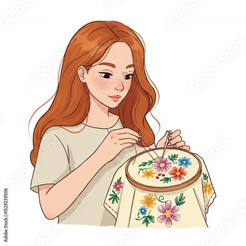 A charming girl skillfully embroidering a floral design on fabric a delightful needlepoint craft artwork perfect for hobby blogs and websites