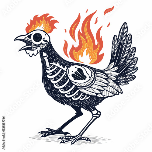 A skeletal chicken, fire glowing in its left eye socket, perched dramatically against a black background.  Detailed rendering, realistic textures.