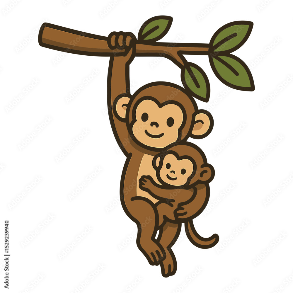 Obraz premium Cartoon monkey mother and baby hanging from a tree branch
