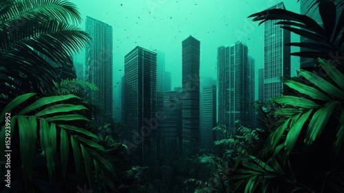 Futuristic city submerged in water with vibrant green plants and towering skyscrapers lost in the depths of nature