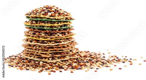 A vibrant stack of assorted seeds and grains arranged artistically, with scattered seeds creating a natural backdrop