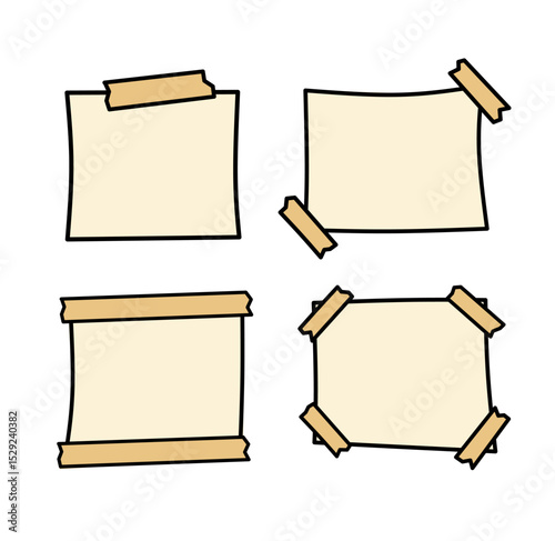 Hand drawn sticky notes collection, Set of blank papers with adhesive tape in cute cartoon doodle tyle