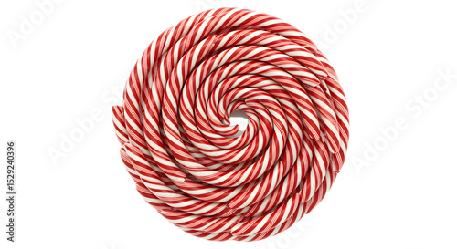 A vibrant, spiraled candy cane with red and white stripes, set against a plain background, ideal for festive themes