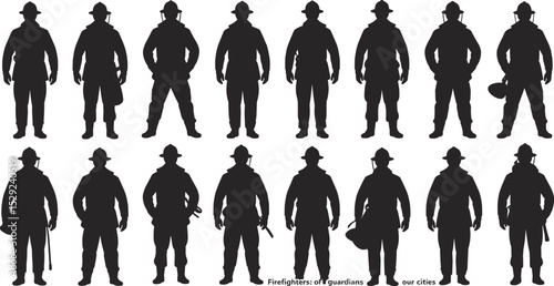 Firefighter silhouettes collection, emergency responders in uniform, professional firemen clipart, urban rescue heroes