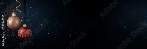 Christmas themed background and template with premium design, Christmas balls hanging on a dark blue and black gradient background 