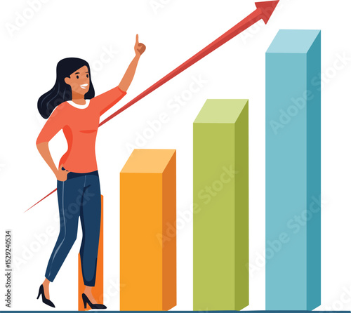 Flat vector illustration of an upward-trending bar chart with a small person celebrating or pointing towards growth. Clean, clear data visualization in flat style