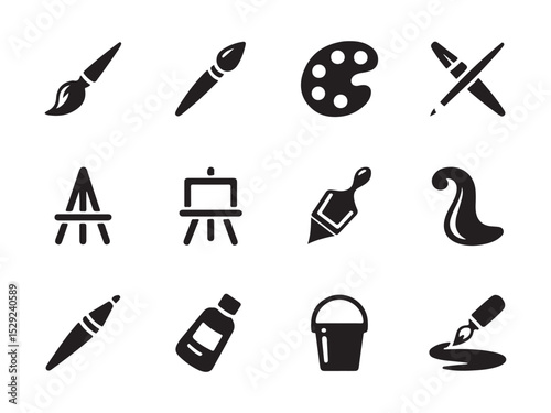 A set of simple, black and white icons representing various art supplies vector art on white