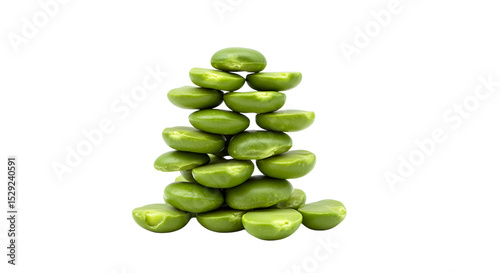 A vibrant stack of green beans arranged in a pyramid shape against a clean background, ideal for culinary or health-related uses