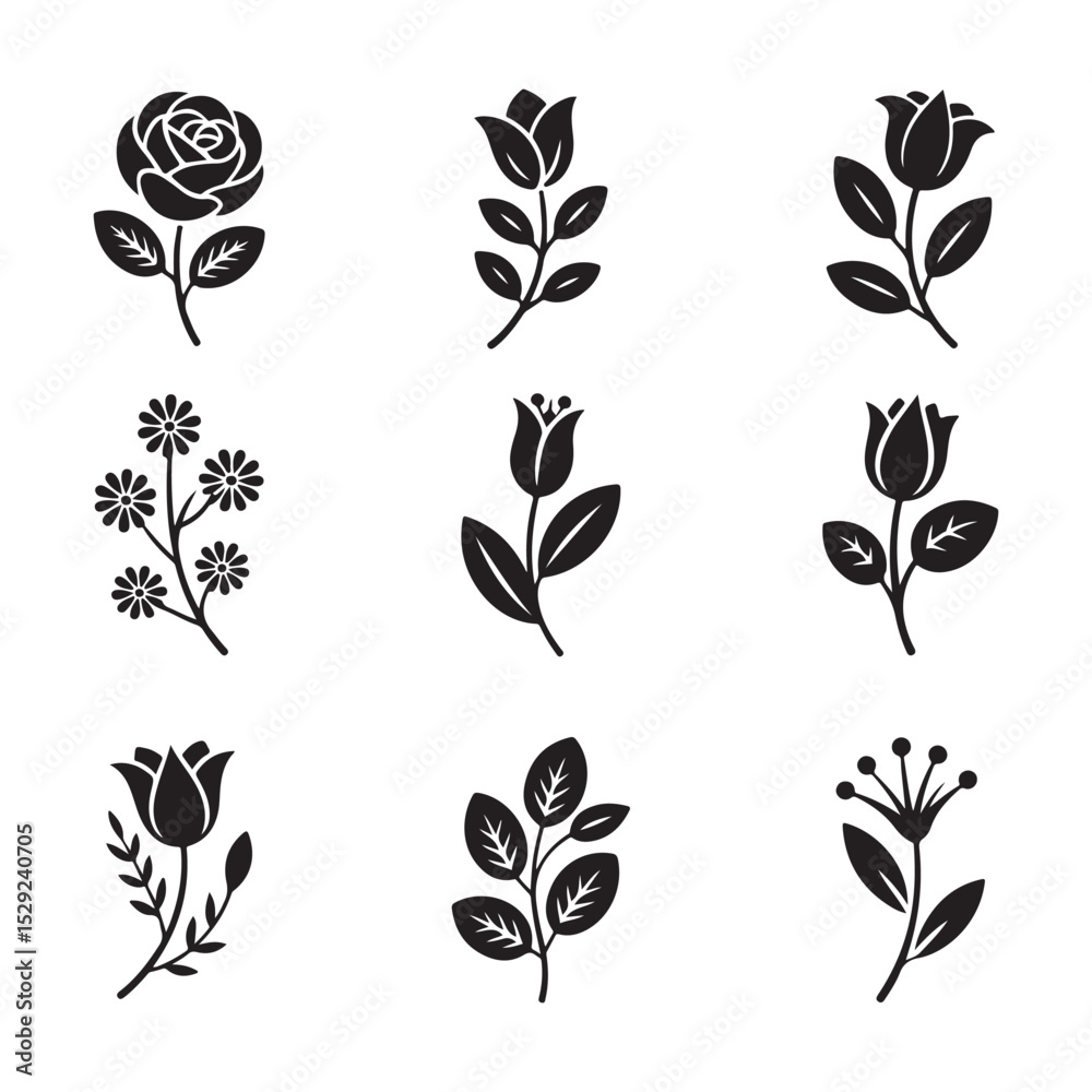 custom made wallpaper toronto digitalA collection of nine stylized, black silhouette flower and leaf icons vector art on white