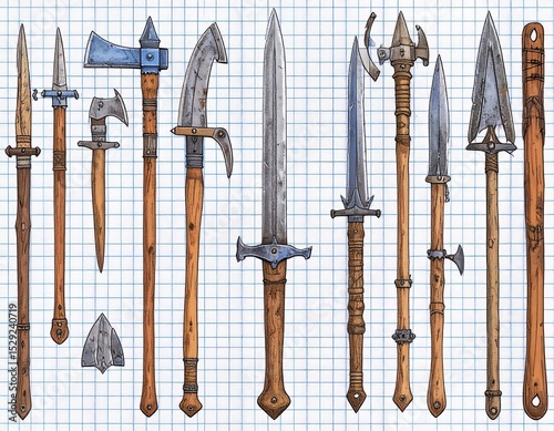 Various types of weapons displayed on a grid pattern background for sketching purposes
