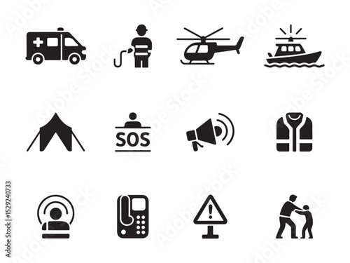 set of black and white icons depicts various emergency and safety-related items vector art on white