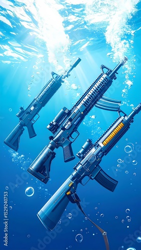 Firearms submerged in water create an intriguing underwater sight