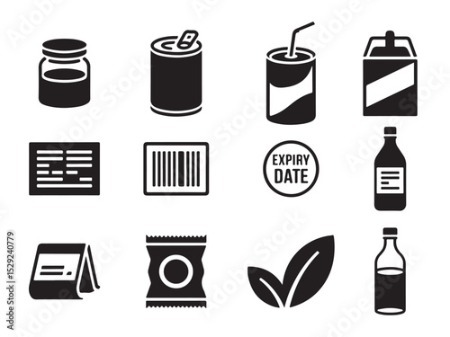 a set of black and white icons representing various food and beverage packaging, including jars, cans, bottles, and pouches vector art on white