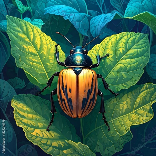 Vibrant beetle resting on green leaves amidst a lush background in early morning light
