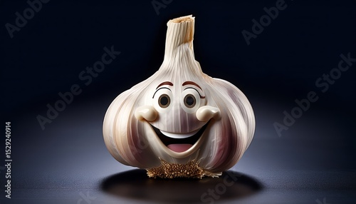 Garlic bulb with a cheerful face displayed against a dark background