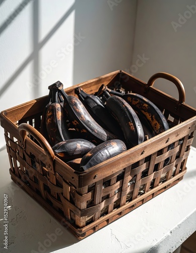 Rustic wooden basket filled with ripe bananas basking in natural sunlight
